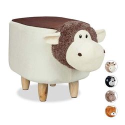Relaxdays Tabouret Enfant Motifs Animaux Bois, Polyester, Peluche, Mouton, 35 x 32 x 40 cm