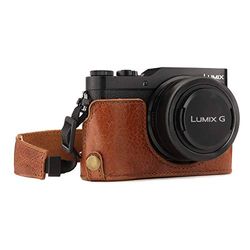 MegaGear MG1468 Panasonic Lumix DC-GX950, GX900, DC-GF10 Ever Ready Custodia metà copertura in Vera pelle per Fotocamera con Tracolla- (Marrone)