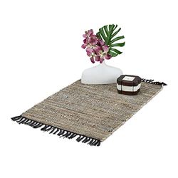 Relaxdays Alfombra de Algodón y Piel con Flecos, Hecha a Mano, Decorativa, Antideslizante, 60x110 cm, Gris