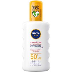 NIVEA SUN Spray solar Sensitive Protección inmediata FPS 50+ (1x200 ml), protección solar adecuada para pieles sensibles, protector solar textura ligera y no grasa