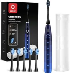 Oclean spazzolino elettrico sonico Flow Gift Set, Ricarica ogni 180 giorni, 5 Modalità, Impermeabile IPX7, Timer da 2 minuti, 6 Testine DuPont™, Custodia da viaggio, Blu