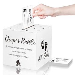 Funrous 50 Diaper Raffle Tickets with Box for Baby Shower Game Invitations Diaper Raffle Card for Gender Reveal Baby Shower Party Decoration Table Centerpiece (White)