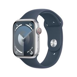 Apple Watch Series 9 (45 mm GPS + Cellular) Smartwatch avec boîtier Aluminium Argent et Bracelet Sport Bleu Orage (S/M). Suivi de l’activité Physique, apps Oxygène sanguin et ECG, résistance à l’Eau