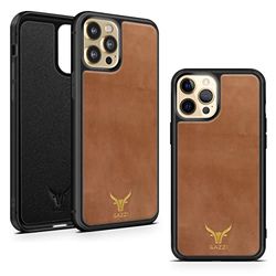 GAZZI Ultimo - Custodia per Apple iPhone 13 Pro Max, in vera pelle, protezione completa, flessibile (nubuck marrone cognac oro)