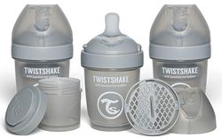 Twistshake 3x Pro Double Anti-Koliek Babyfles met Melkpoedercontainer en Mixer - 180ml | Langzame Stroom Siliconen Borstvormige Speen | BPA-Vrije Babyfles | Geschikt voor Pasgeboren Baby's 0+ | Grijs