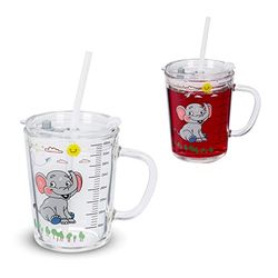 Relaxdays Set da 2 Tazze per Bambini, Vetro, Silicone, ABS, con Cannuccia, Manico e Tappo, 400 ml, Elefante, Trasparente