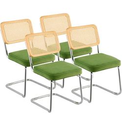 VEVOR Sillas Verdes de Ratán 4 Piezas Sillas Tapizadas de Terciopelo con Respaldo de Ratán Sillas de Cocina de Comedor Retro para Sala de Estar, Jardín, Patio, Dormitorio, Sala de Lectura, Oficina