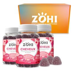 ZOHI - Complément Alimentaire Cheveux -Cure de 3 mois -Gummies Cheveux-3 * 60 gommes de fruits goût Cerise, Fabriqué en France