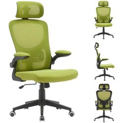BAKAJI Ergonomiczne krzesło biurkowe z oddychającej i odpornej na pot tkaniny, oparcie z podparciem lędźwiowym i zagłówkiem, fotel biurowy z regulacją wysokości gazu 116-126 cm (zielony)