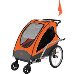 VEVOR Remorque de vélo pour Enfants, siège Double, Charge 55 kg, Porte-auvent 2 en1 transformant en Poussette, remorque de vélo Pliable pour Tout-Petits Avec attelage de vélo universel, Orange Gris
