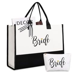 Lamyba Bolsa de novia con bolsa de maquillaje y parte inferior reforzada, regalos de novia/despedida de soltera para novia, blanco y negro, negro y blanco, Small