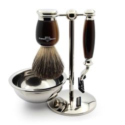 Edwin Jagger S81M582BAMZ Set Da Barba Classico Con Ciotola In Imitazione Di Corno Chiaro E Nichel Con Pennello Da Barba In Puro Tasso E Rasoio Mach 3 Per Crema Da Barba O Sapone Da Uomo