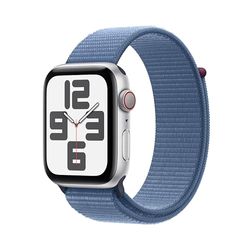 Apple Watch SE (2e generatie, 2023) (GPS + Cellular 44 mm) Smartwatch - Kast van zilverkleurig aluminium - Winterblauw geweven sportbandje. Conditie en slaap bijhouden, ongelukdetectie, CO₂-neutraal