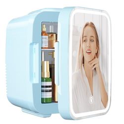 YASHE Mini Fridge for Bedroom, Skincare Fridge with LED Light Mirror, 4L Small Fridge Portable,220V AC/ 12V DC Thermoelectric Warmer & Cooler for Car Office Dorm(Blue)
