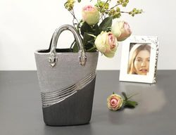 Pack of 2 Vase, Handbag, striped, Ceramics, gray, silver colored, PU 2, L. 10 cm, W. 20 cm, H. 32 cm