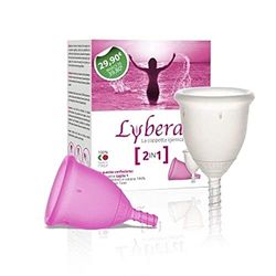 Lybera, Juego de 2 copas menstruales fabricadas en Italia, copa menstrual suave, segura, de silicona médica, ecológica, cómoda, talla 1 x 2 unidades, transparente y fucsia