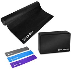 Spokey Matra - Set per yoga e fitness, 6 pezzi, 1 tappetino da yoga in PVC da 0,4 cm, 1 blocco per yoga da 3" x 6" x 9", 3 fasce elastiche con diversi spessori