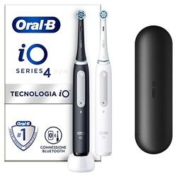 Oral-B Spazzolino Elettrico Ricaricabile iO 4N, Sensore di Pressione, Connessione Bluetooth, 4 Modalità di Spazzolamento, 2 Testine, 2 Spazzolini, 1 Custodia da Viaggio, Bianco e Nero, Idea Regalo