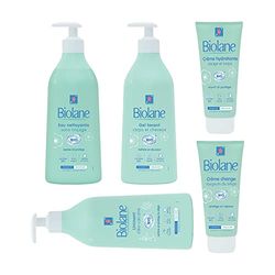 BIOLANE - Kit Routine Toilette BIO - Essentiels Soins - Eau Pure - Gel Lavant - Liniment - Crème hydratante - Toilette & Change - Peaux sensibles - Coffret Bébé - Fabriqué en France