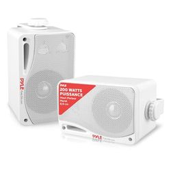 Pyle Enceinte d’Extérieur Bluetooth 200W, Paire d’Enceintes Actifs et Passifs 3 Voies, Montage au Mur ou au Plafond, Haut Parleur Mural Étanche, Utilisation sur Patio/l'Intérieur/l’Extérieur, Blanc