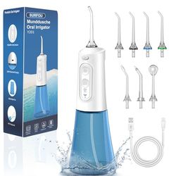 SURFOU Idropulsore Dentale Portatile 6 Pressione dell'Acqua 7 Ugelli 300 ml IPX7 Impermeabile USB Ricaricabile per Viaggi e uso Domestico, Bianco-blu