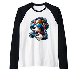 Divertente Gamer Cane In Occhiali Da Sole E Cuffie Carino Gamer Bambini Maglia con Maniche Raglan