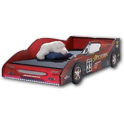 Stella Trading METEOR Lit de voiture de course avec éclairage LED 90 x 200 cm - Lit de voiture excitant pour les petits coureurs en rouge-noir - 97 x 56 x 216 cm