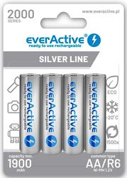 everActive Batteria AA 2000 mAh, 4 pezzi, NI-MH, Mignon R6, ricaricabile, precaricata, Silver Line 1,2 V, 1 blister, argento, EHRL6-2000