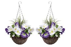 GreenBrokers Lot de 2 Pétunias artificiels en rotin à Suspendre Violet/Blanc