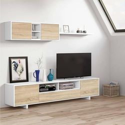 Dmora Parete attrezzata da Soggiorno, Mobile Porta TV Moderno, Pensile a 2 Ante e mensola, cm 200 x 46 x 41, Colore Rovere e Bianco, 200x46x41