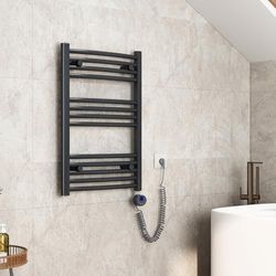 EMKE Badkamerradiator, elektrisch, 75 x 50 cm, gebogen handdoekradiator, elektrisch met thermostaat, handdoekdroger, handdoekwarmer met timer, antraciet, 300 W