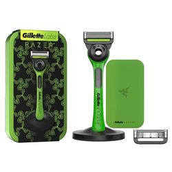 Gillette LABS RASOIO UOMO con 5 LAMETTE DA BARBA di Ricambio BASE MAGNETICA e BARRA INTEGRATA Elimina Impurità, Rasatura Facile, Comfort Ottimale Edizione Limitata RAZER CUSTODIA DA VIAGGIO, Verde