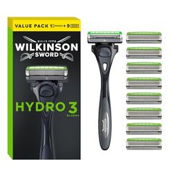 Wilkinson Sword Hydro 3 Men’s Razor, Great Addition to Wash Bags for Men's Grooming, Great Shavers for Routine Shaving, 1 Reusable Handle plus 9 Blades Refills Pack