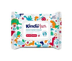Kindii Fun Nawilżany Papier Toaletowy - spłukiwalny - dla dzieci - połączenie nawilżanego papieru i mokrej chusteczki - oczyszcza, odświeża okolice intymne - rumianek - aloes - neutralne PH - 60 sztuk