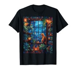 Lindo gato estantería Kawaii gato cactus plantas luna creciente Camiseta