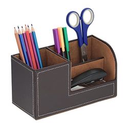 Relaxdays Organiseur Bureau, Porte-Crayon 3 Compartiments, Similicuir, HxLxP : 11x20x9,5 cm, Rangement, Marron
