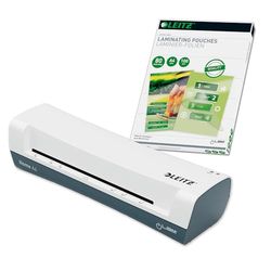 Leitz 74200000 - Plastificadora Leitz iLAM Home A4 y Láminas de Plastificación en Caliente, A4, 80 Micras, 100 Unidades, para Plastificar de 75 a 125 Micras, Tiempo de Calentamiento de 3 Minutos