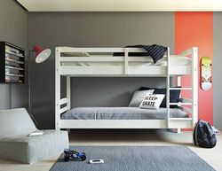 Inter Link - Beliche para crianças, pinheiro maciço, com escada, dormem 2 90 x 190 cm, com 2 colchas, corrimão de segurança, Rick, lacado branco, 90 x 190 cm