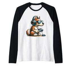 Divertente cane gamer in occhiali da sole e cuffie carino gamer bambini Maglia con Maniche Raglan