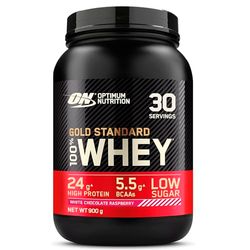 Optimum Nutrition Gold Standard 100% Whey Muscle Building and Recovery Protein Powder With Naturally Occurring Glutamine and BCAA Amino Acids, White Chocolate Raspberry Flavour, 30 Servings, 900 g