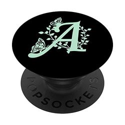 Black Mint Green Butterfly Letter A Initial Monogram PopSockets PopGrip: Swappable Grip for Phones & Tablets