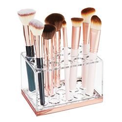 mDesign Funzionale organizer cosmetici – Pratico contenitore per prodotti cosmetici come mascara e pennelli – Porta trucchi con 15 scomparti – trasparente e oro rosato