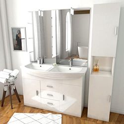 AURLANE Ensemble de Salle de Bain Blanc 120cm - Double Vasque céramique + Miroir LED + Colonne 2 Portes