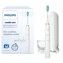 Philips Sonicare DiamondClean 9000 spazzolino elettrico, spazzolino sonico con app, sensore di pressione, 4 modalità di spazzolamento, 3 livelli di intensità, bicchiere di ricarica e custodia da viaggio con porta USB, Bianco, modello HX9911/27