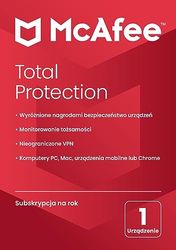 McAfee Total Protection 2024 | 1 urządzenie | Oprogramowanie antywirusowe zapewniające bezpieczeństwo w sieci | PC/Mac/Android/iOS | Roczna subskrypcja | Dostawa pocztą | Standard