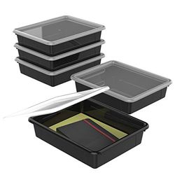 Storex Letter Size Flat Storage Tray – Organizer Bin with Non-Snap Lid for Classroom, Office and Home, Black, 5-Pack (62535A05C)