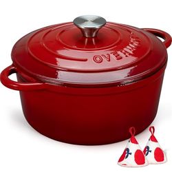 Overmont Olla de Hierro Fundido - Antiadherente Cacerola Holandesa de Esmaltado con Tapa - Ø24 CM Redonda Cacerola Holandesa para Cocinas de Inducción - Rojo