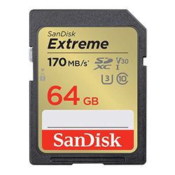 SanDisk Extreme SDXC card SD Card 64GB + RescuePro Deluxe V30 up to 170 MB/s, UHS-I, Class 10, U3,