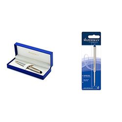 Waterman S0952000 Expert - Bolígrafo de acero inoxidable con adornos dorados, con estuche + Waterman - Pack de 3 recambios para bolígrafo (tamaño medio, tinta azul)