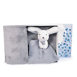 Doudou et Compagnie - Plaid Bébé Tout Doux avec son Doudou Lapin - Couverture Polaire - Collection Happy Glossy - Gris - 100 x 70 cm - Coffret Cadeau de Naissance Bébé - HAPPY DOUDOU - DC3981